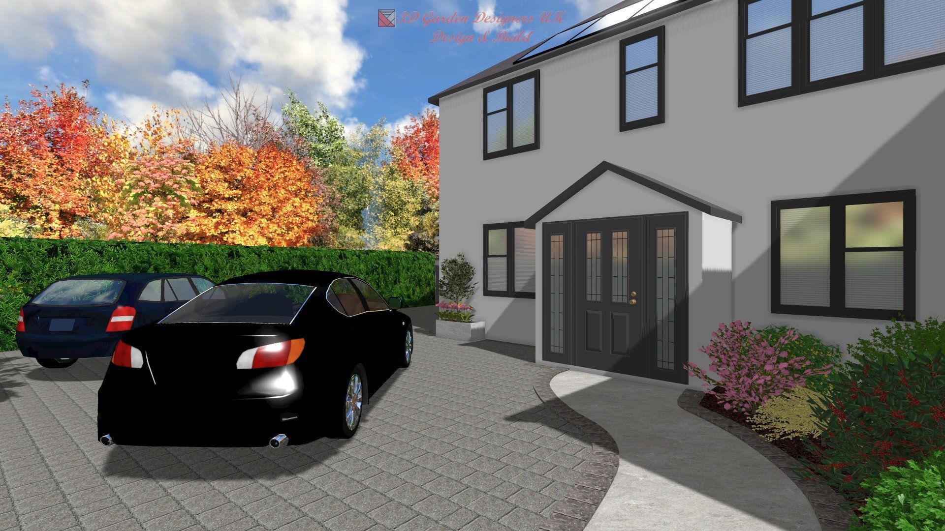 A black car is parked in front of a house