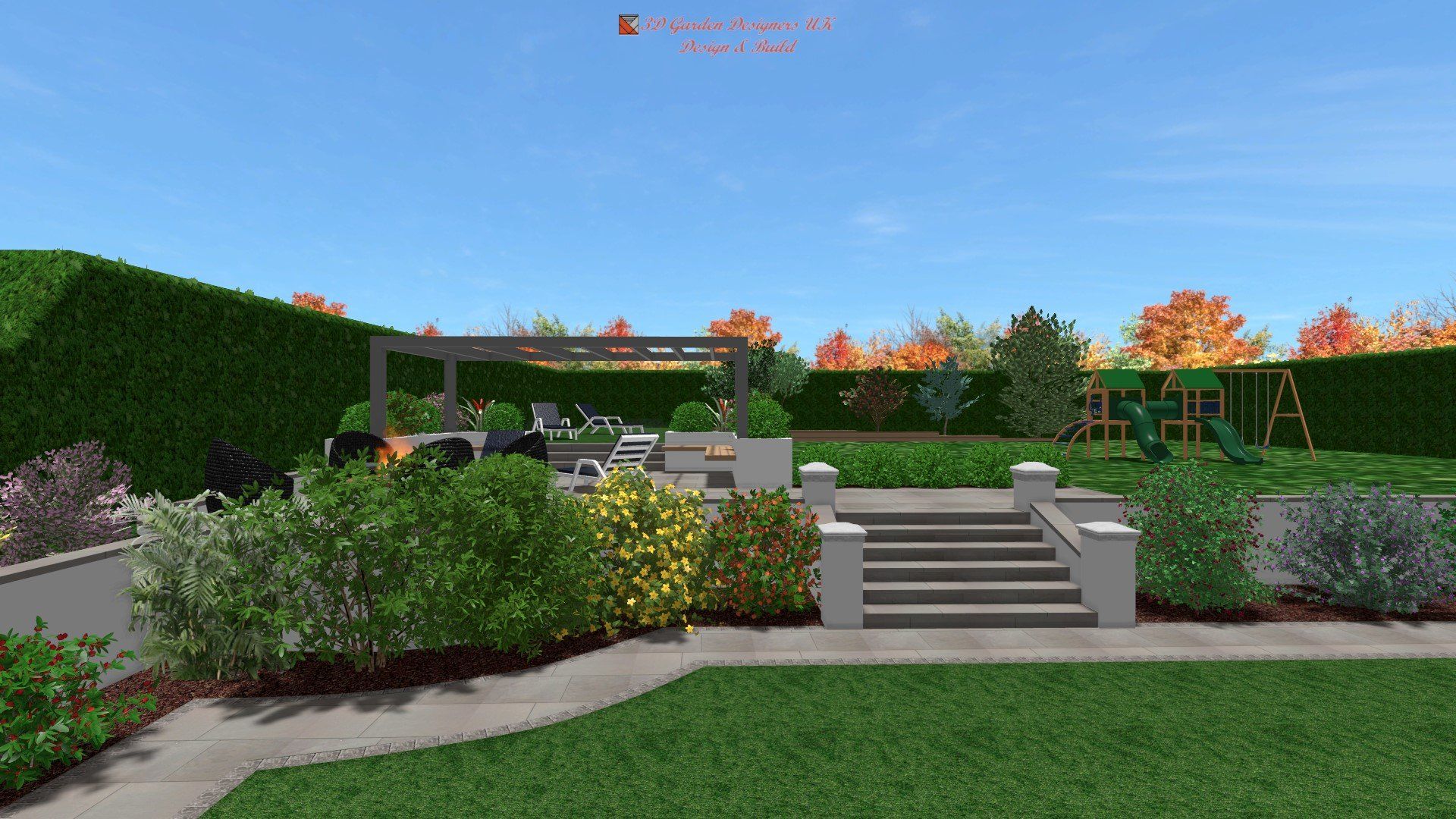 A computer generated image of a backyard with a pergola and stairs