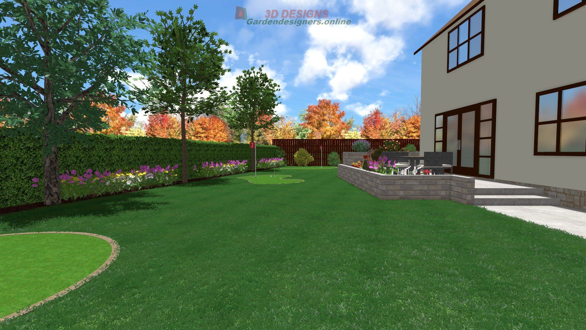 A computer generated image of a backyard with a house in the background