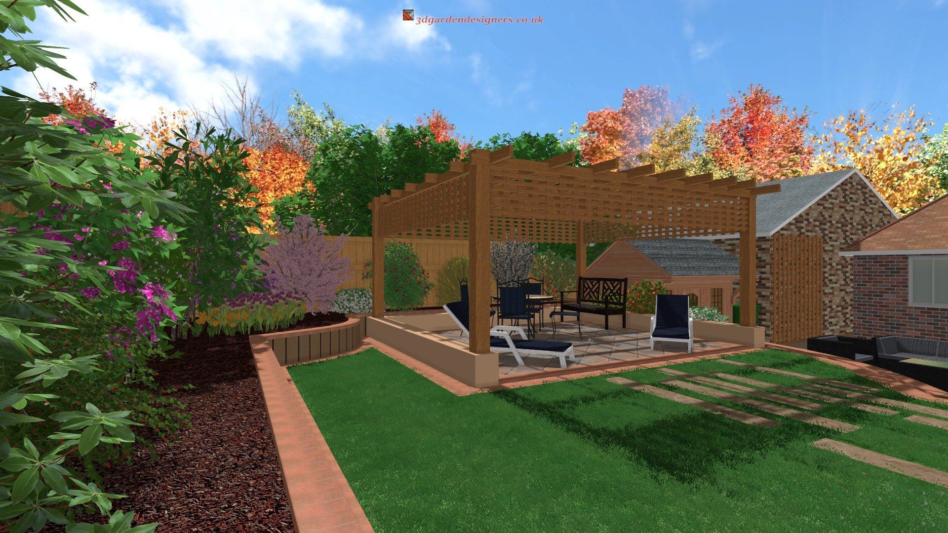 A computer generated image of a backyard with a pergola and chairs.