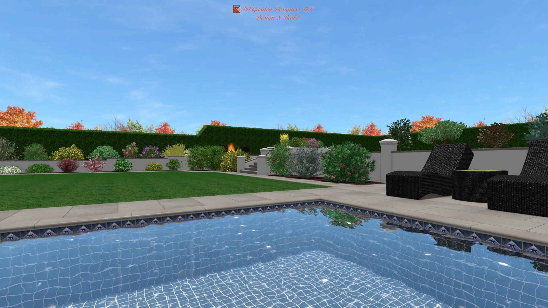 A computer generated image of a backyard with a swimming pool