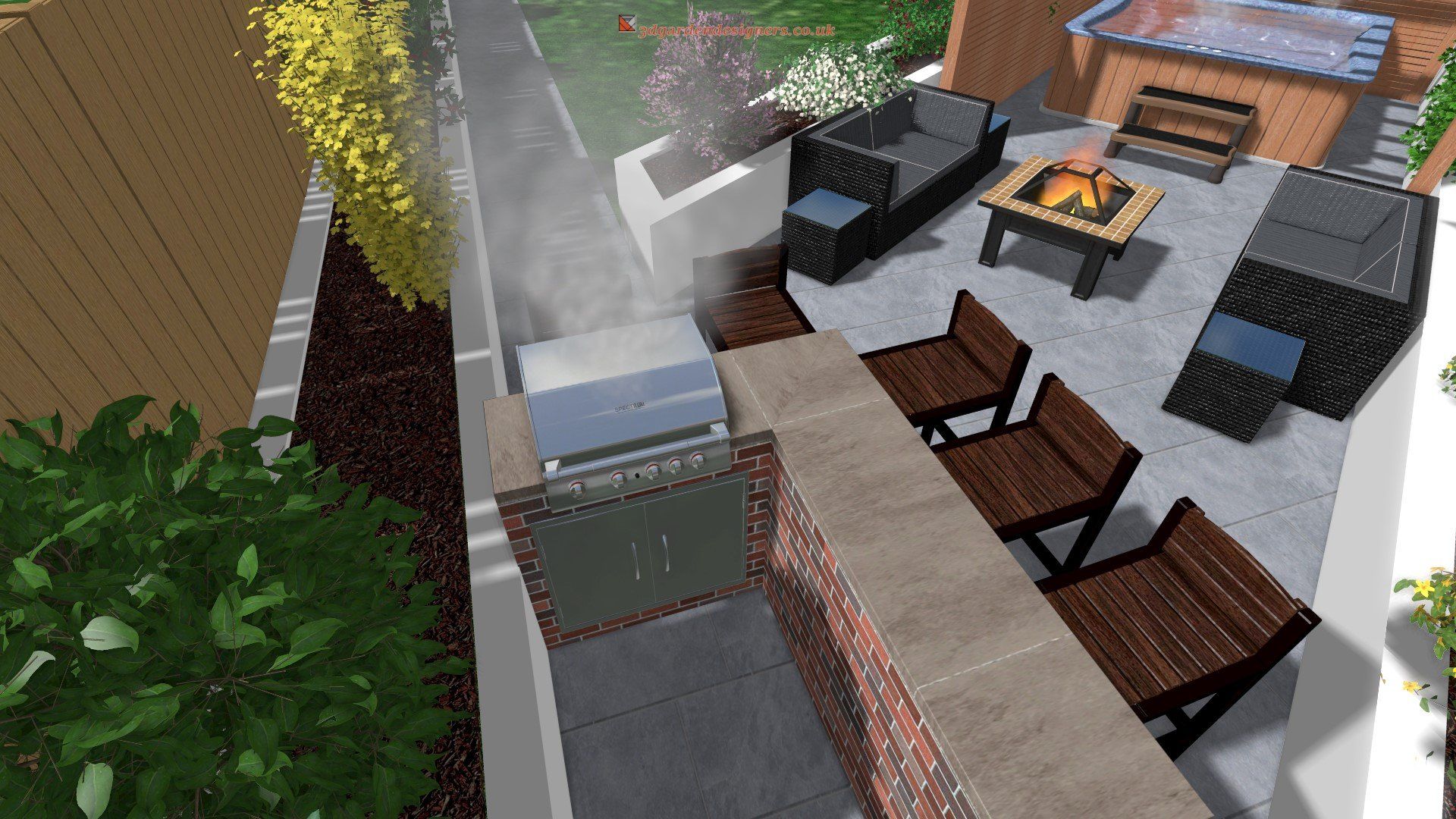 An aerial view of a patio with a grill , chairs , tables and a fire pit.