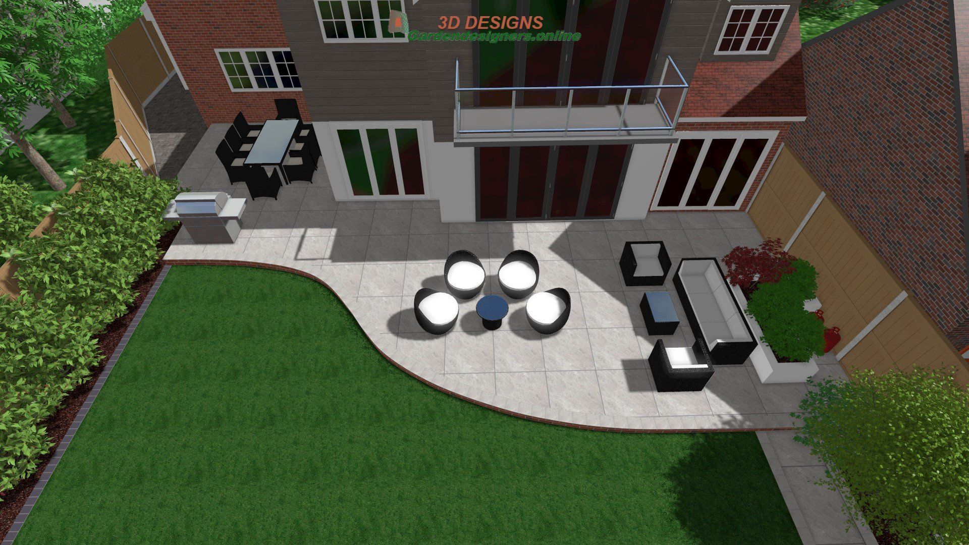 An aerial view of a backyard with a house in the background