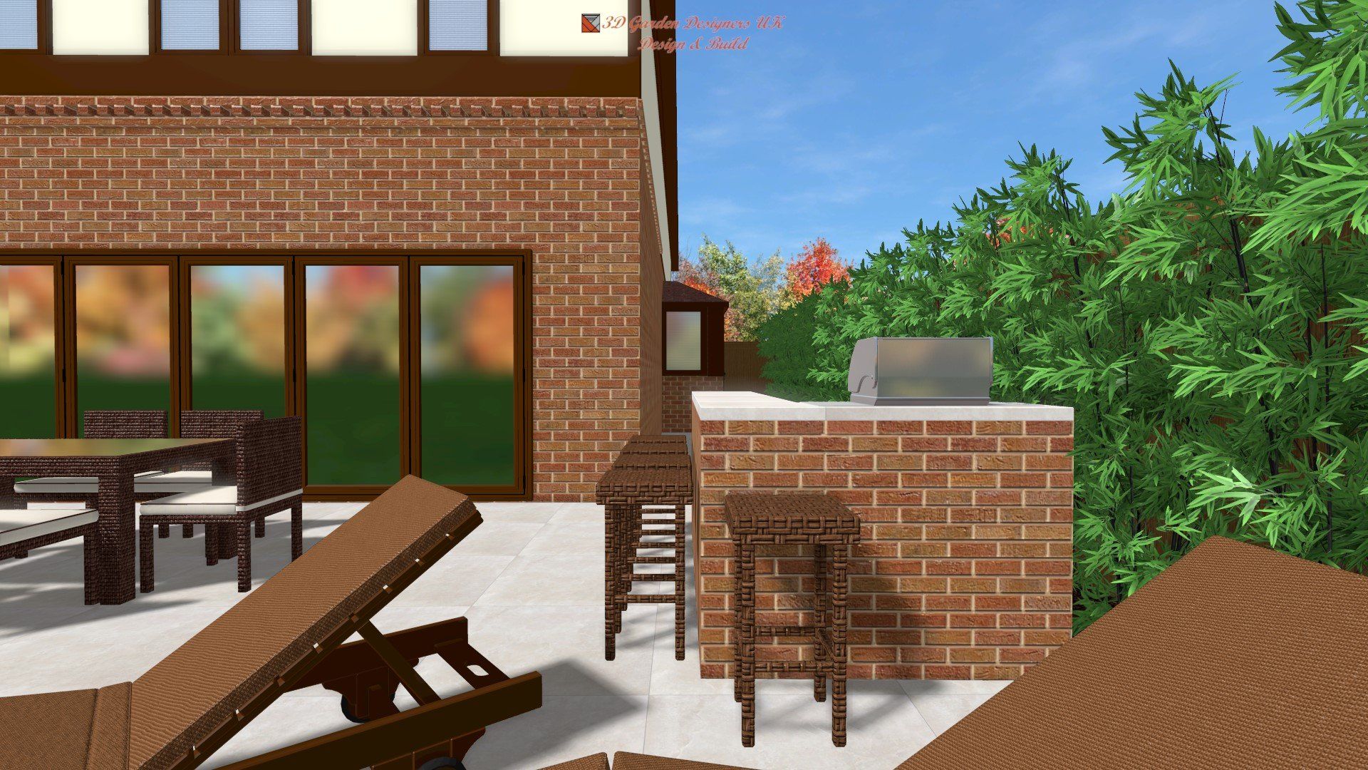 A computer generated image of a brick house with a patio area
