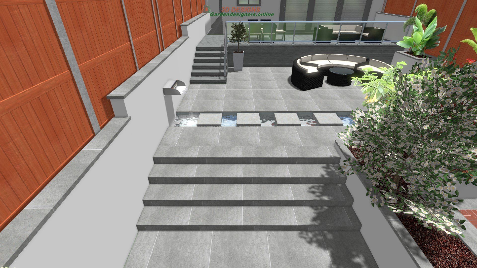 A computer generated image of a patio with stairs and a table.