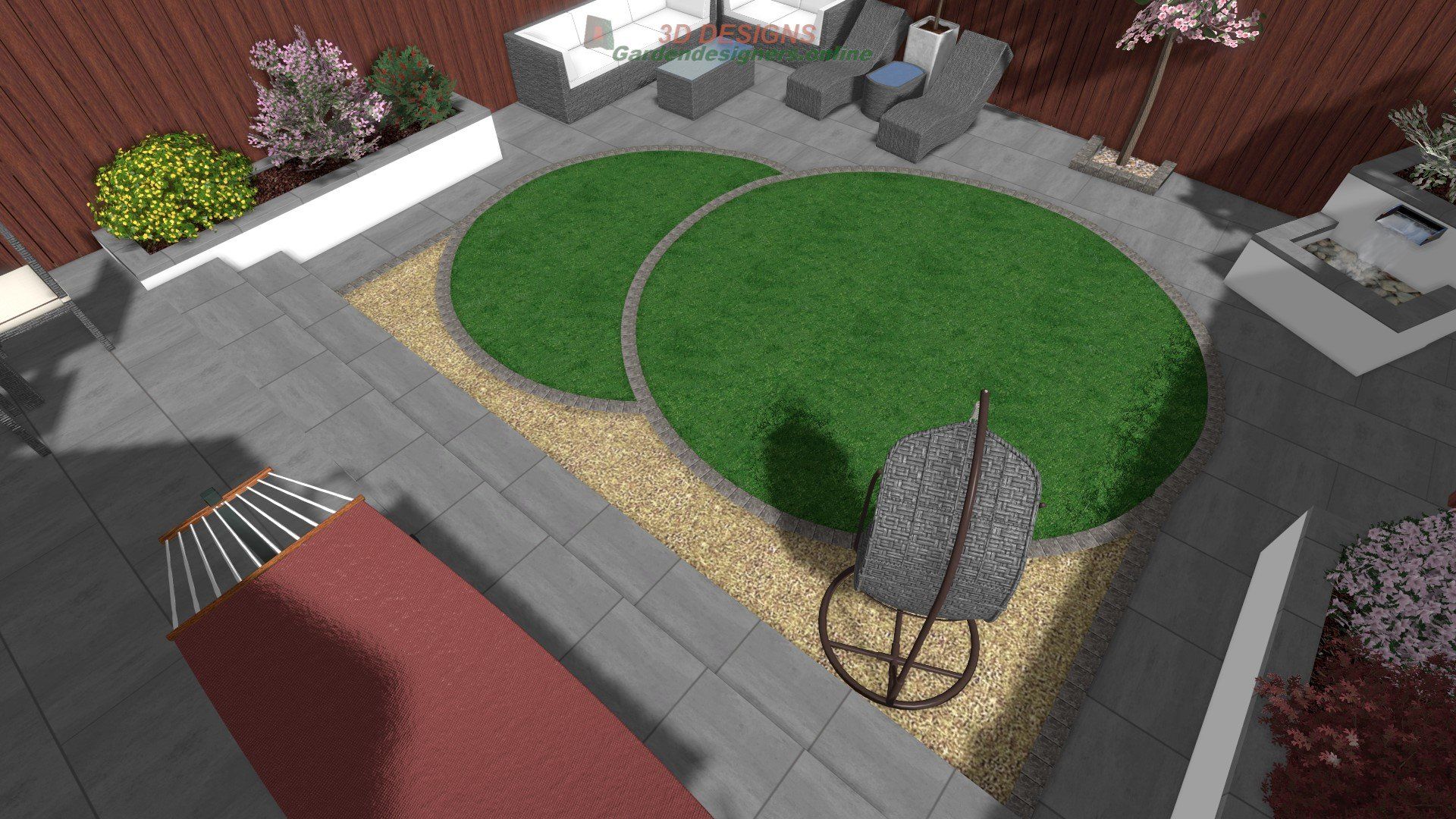 A computer generated image of a backyard with a circular lawn and patio furniture.