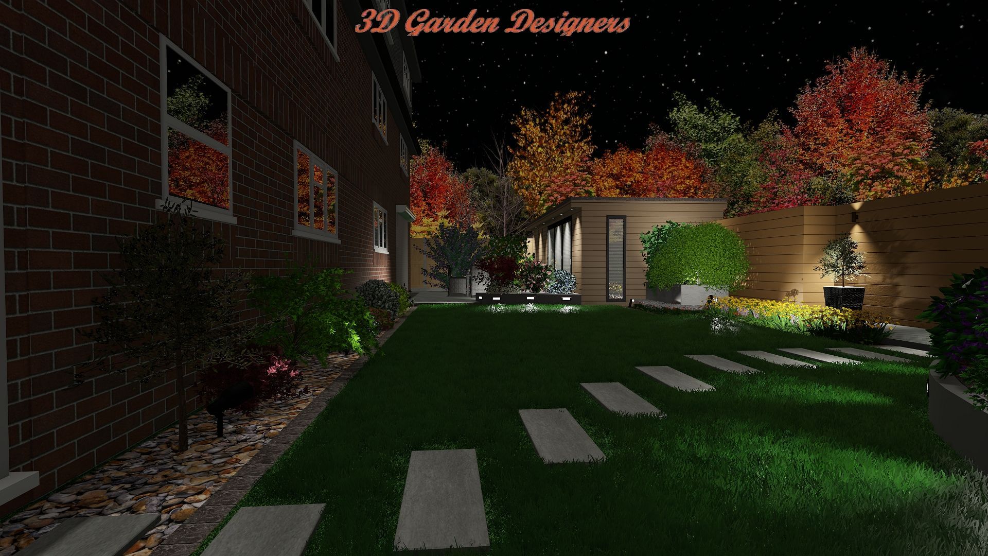 A 3d rendering of a garden at night