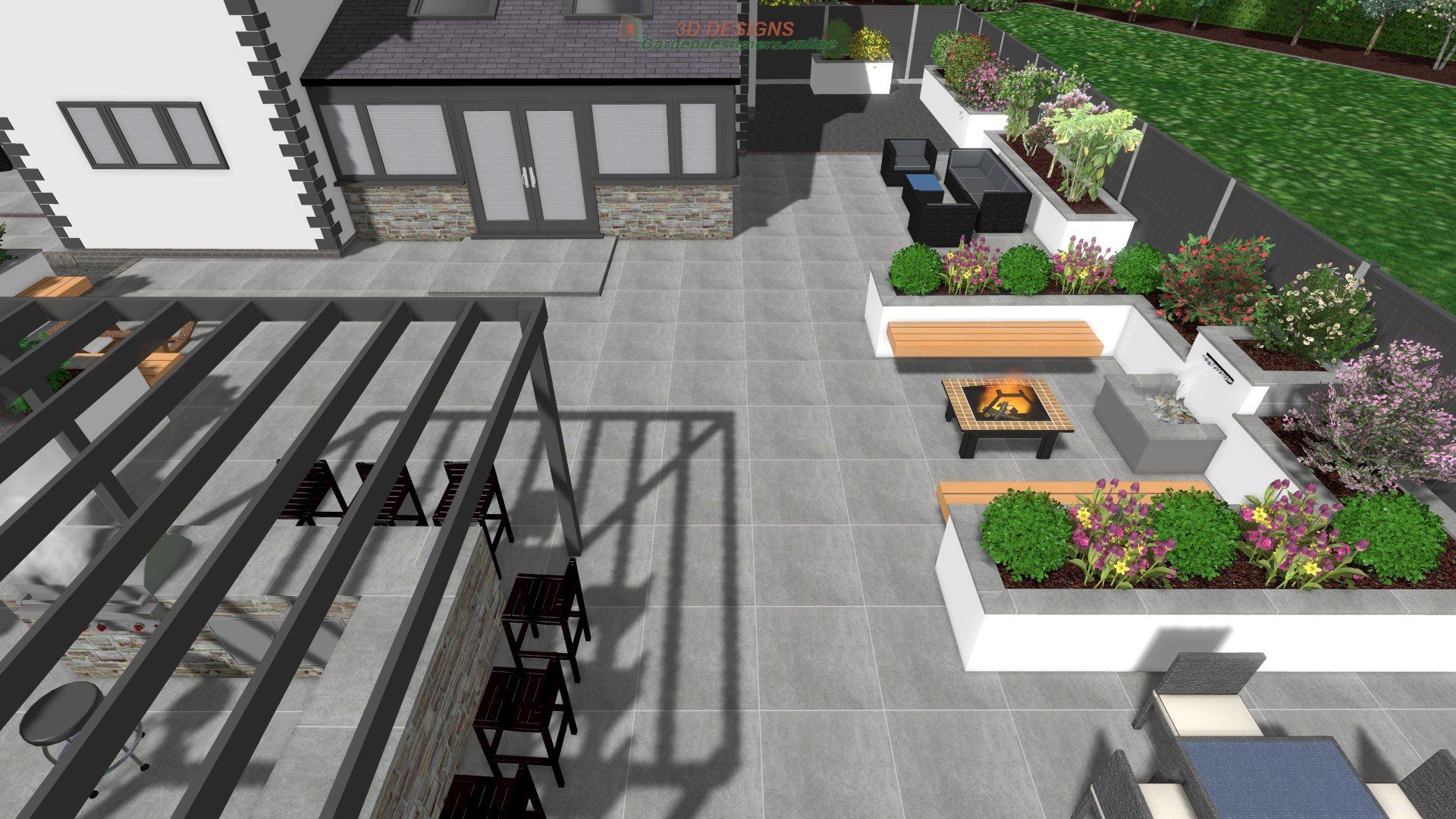 An aerial view of a patio with a fire pit and chairs.