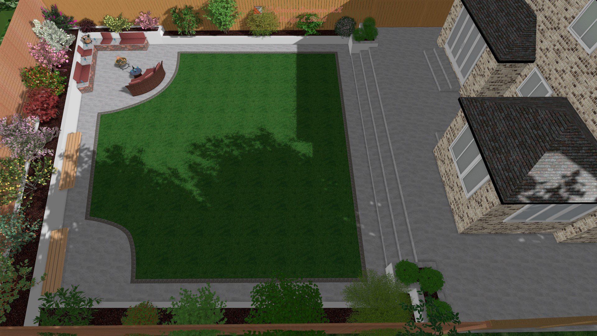 An aerial view of a lawn with a house in the background