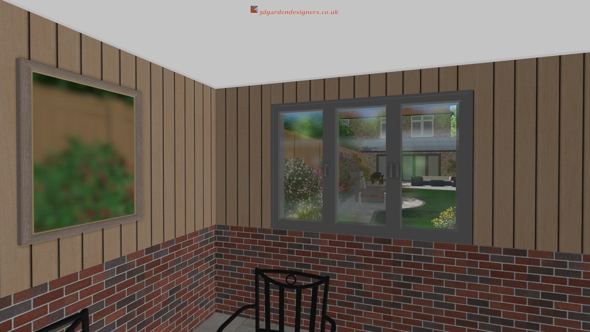 A room with a brick wall , wood paneling , a chair and a window.