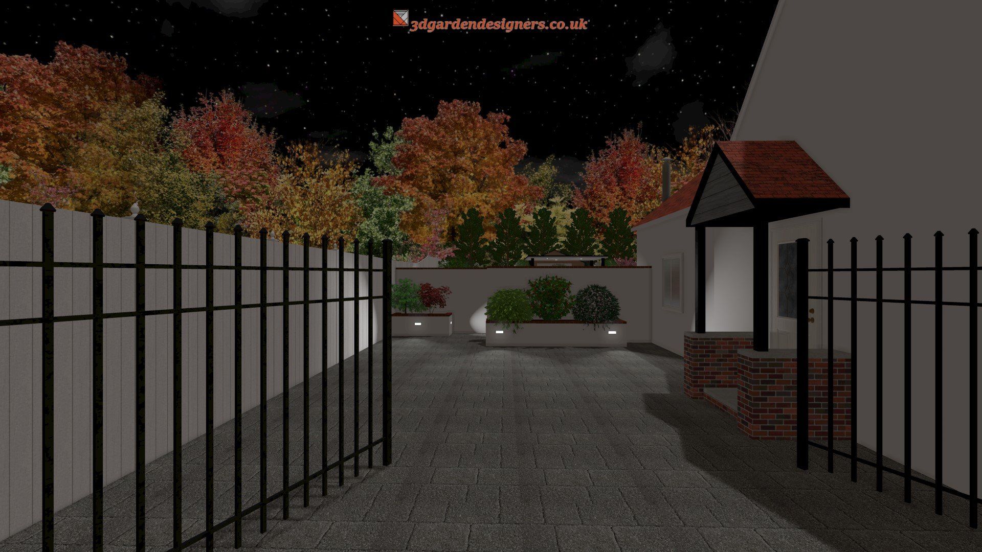 A computer generated image of a driveway with a fence and trees at night.