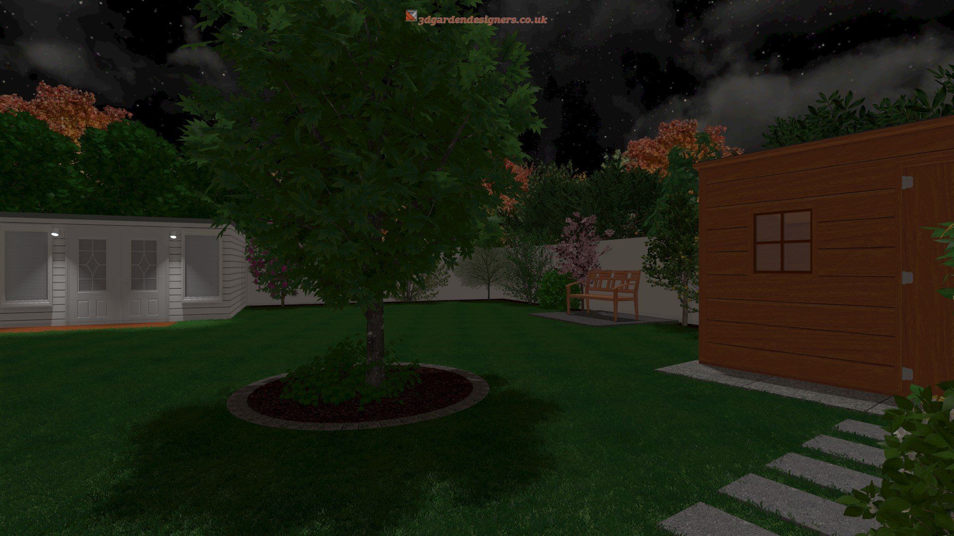 A 3d rendering of a backyard with a tree and a house at night.