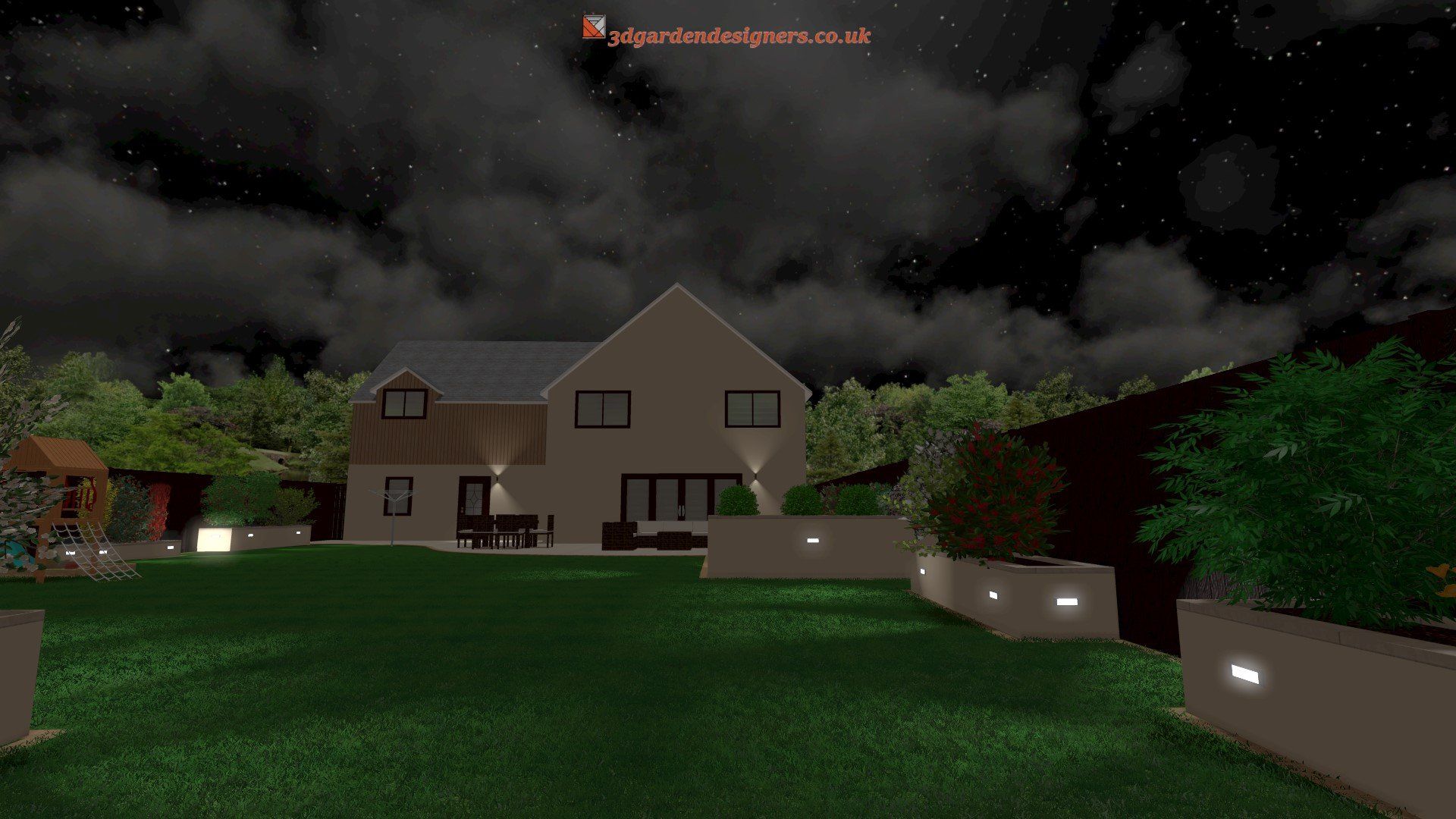 A computer generated image of a house at night.