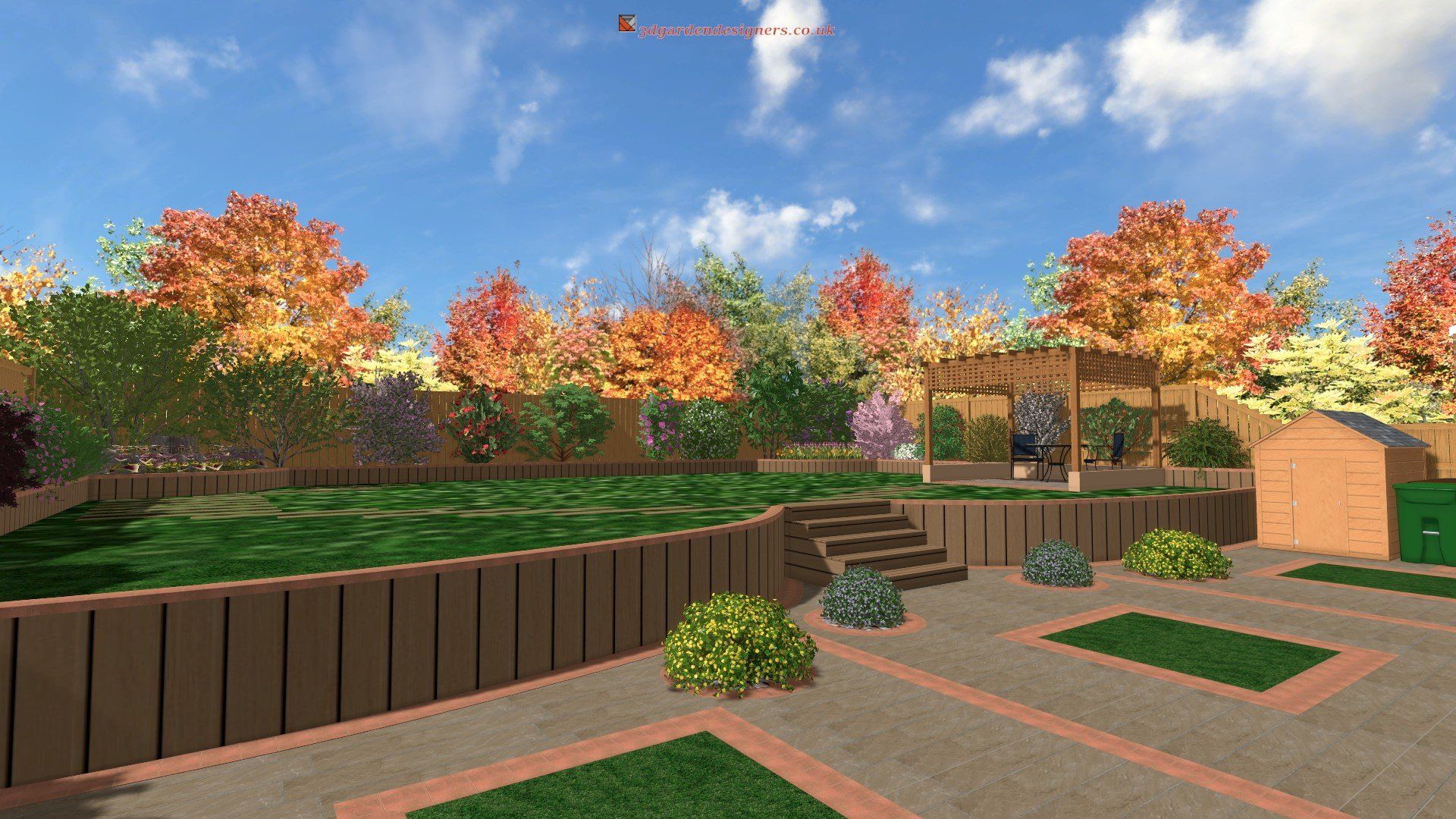 A computer generated image of a garden with trees and a shed.