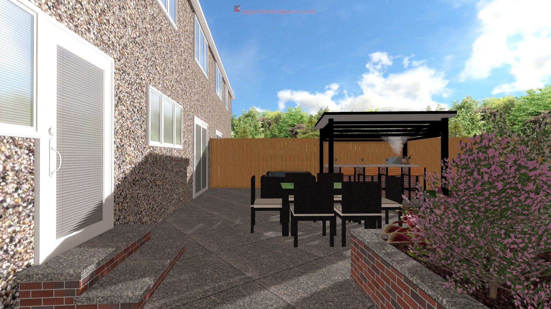 A computer generated image of a backyard with a table and chairs.