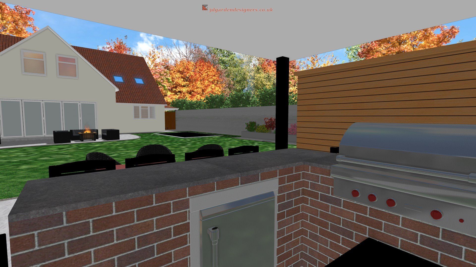 A computer generated image of a brick kitchen with a grill and a house in the background.