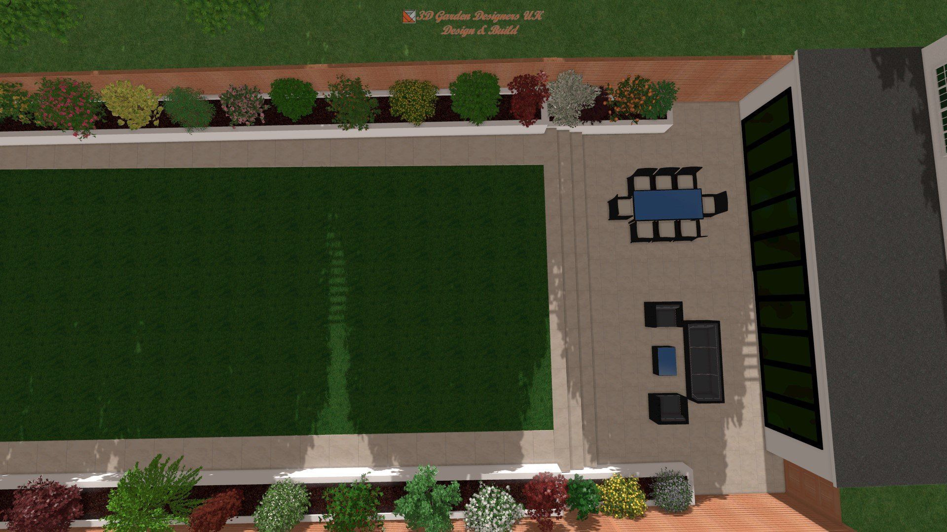 An aerial view of a garden with a table and chairs