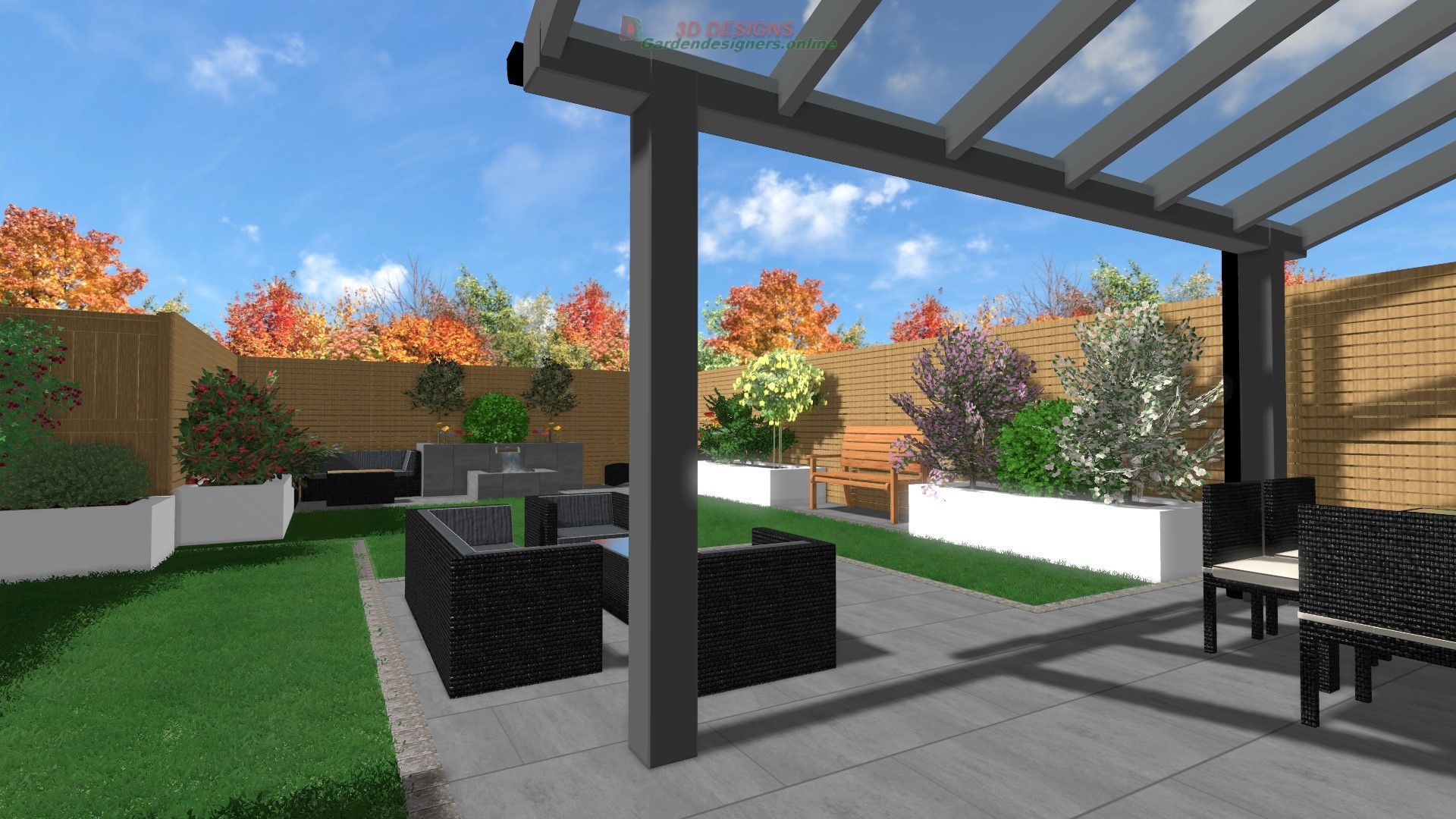 A computer generated image of a patio with a pergola and a lawn.