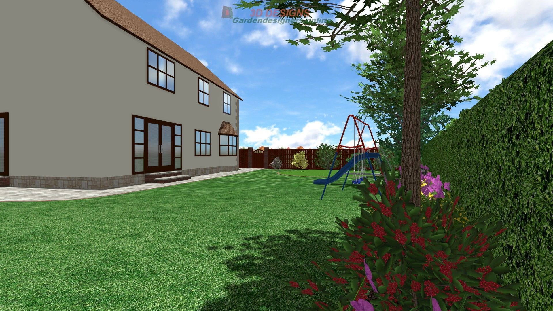 A computer generated image of a backyard with a house in the background