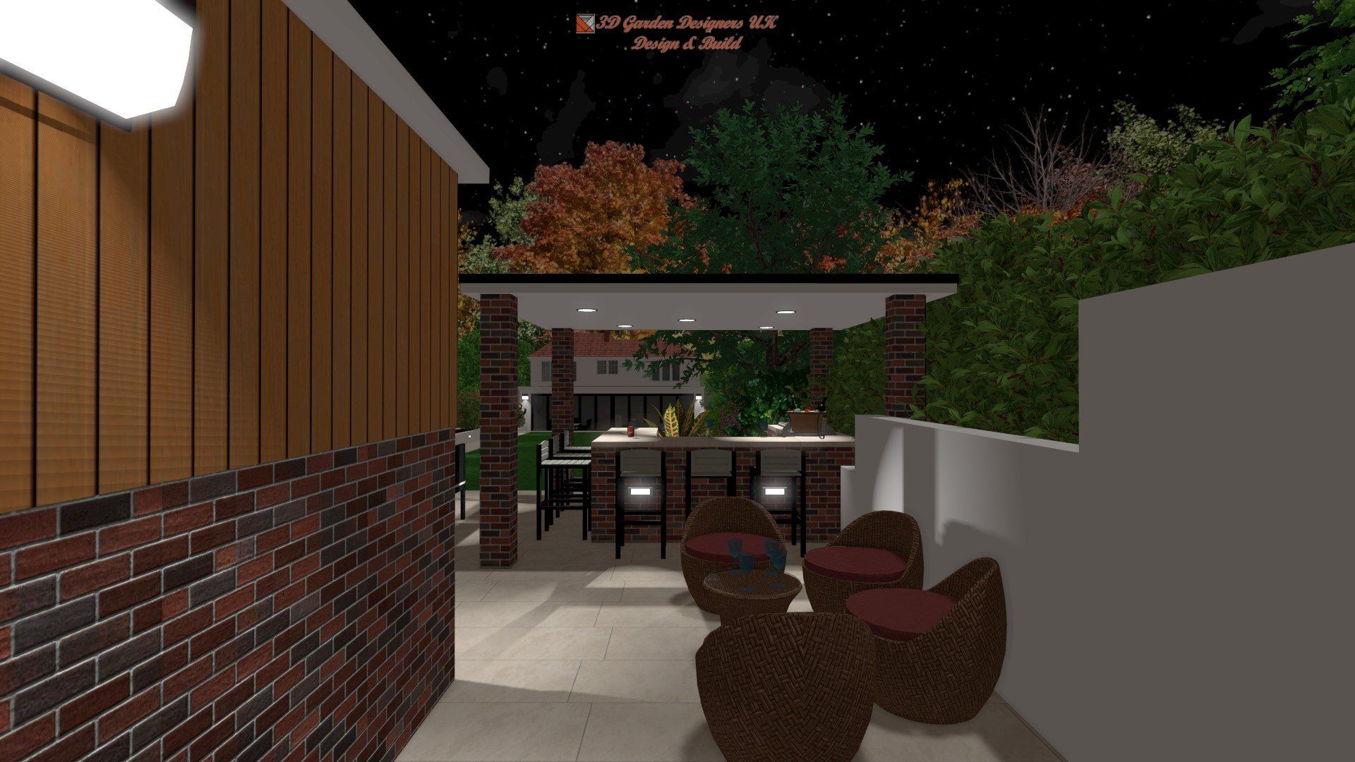 A computer generated image of a patio with wicker furniture and a brick wall