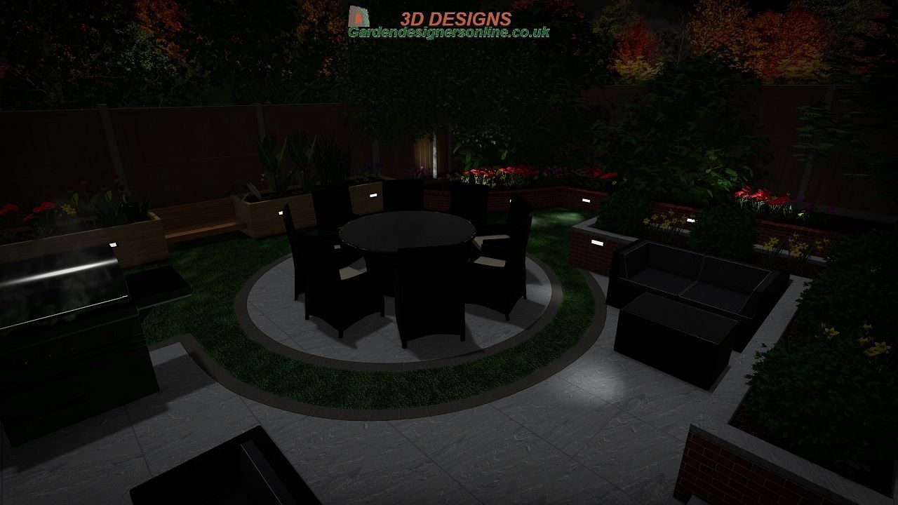 There is a table and chairs in the middle of the garden at night.