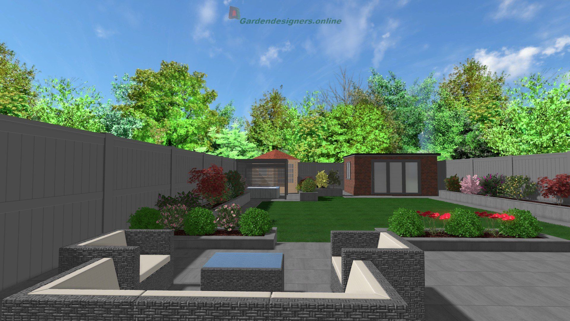 A computer generated image of a backyard with furniture