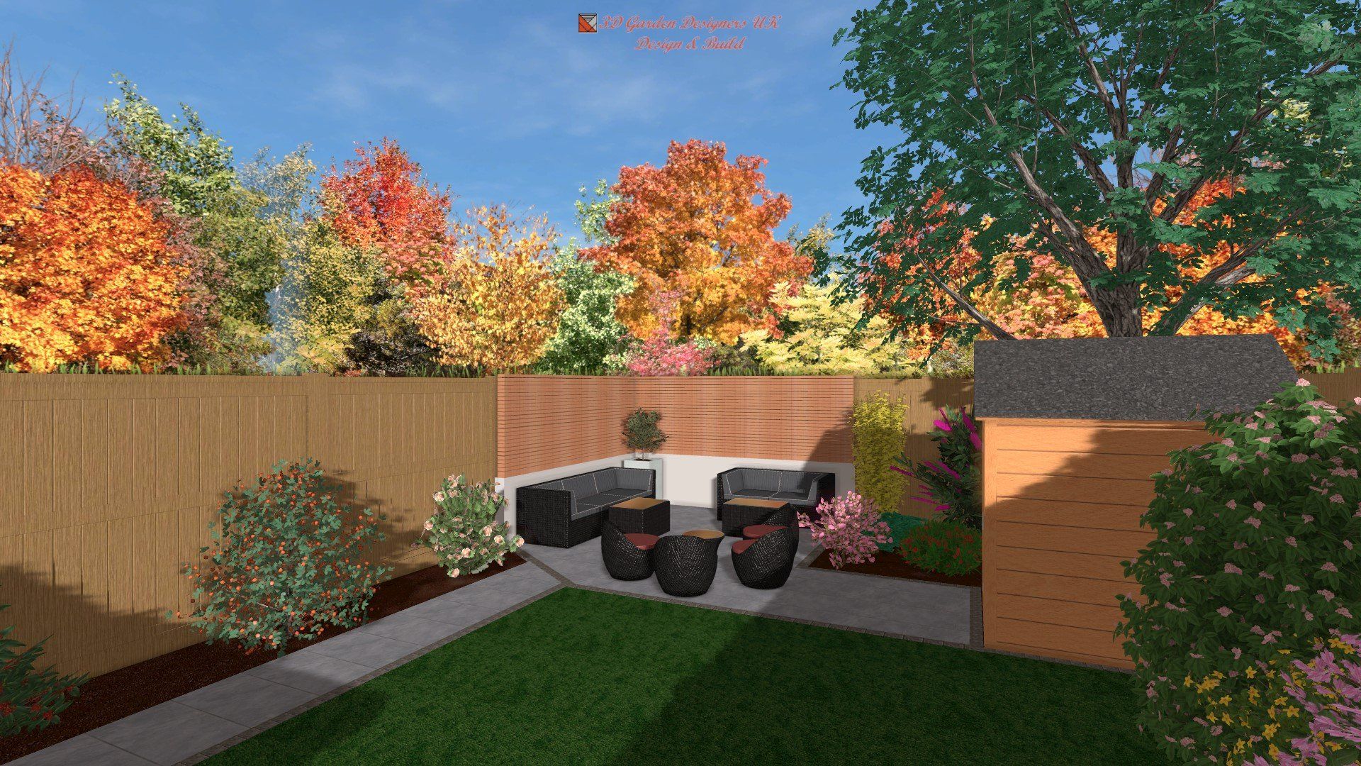 A computer generated image of a backyard with a fence and trees