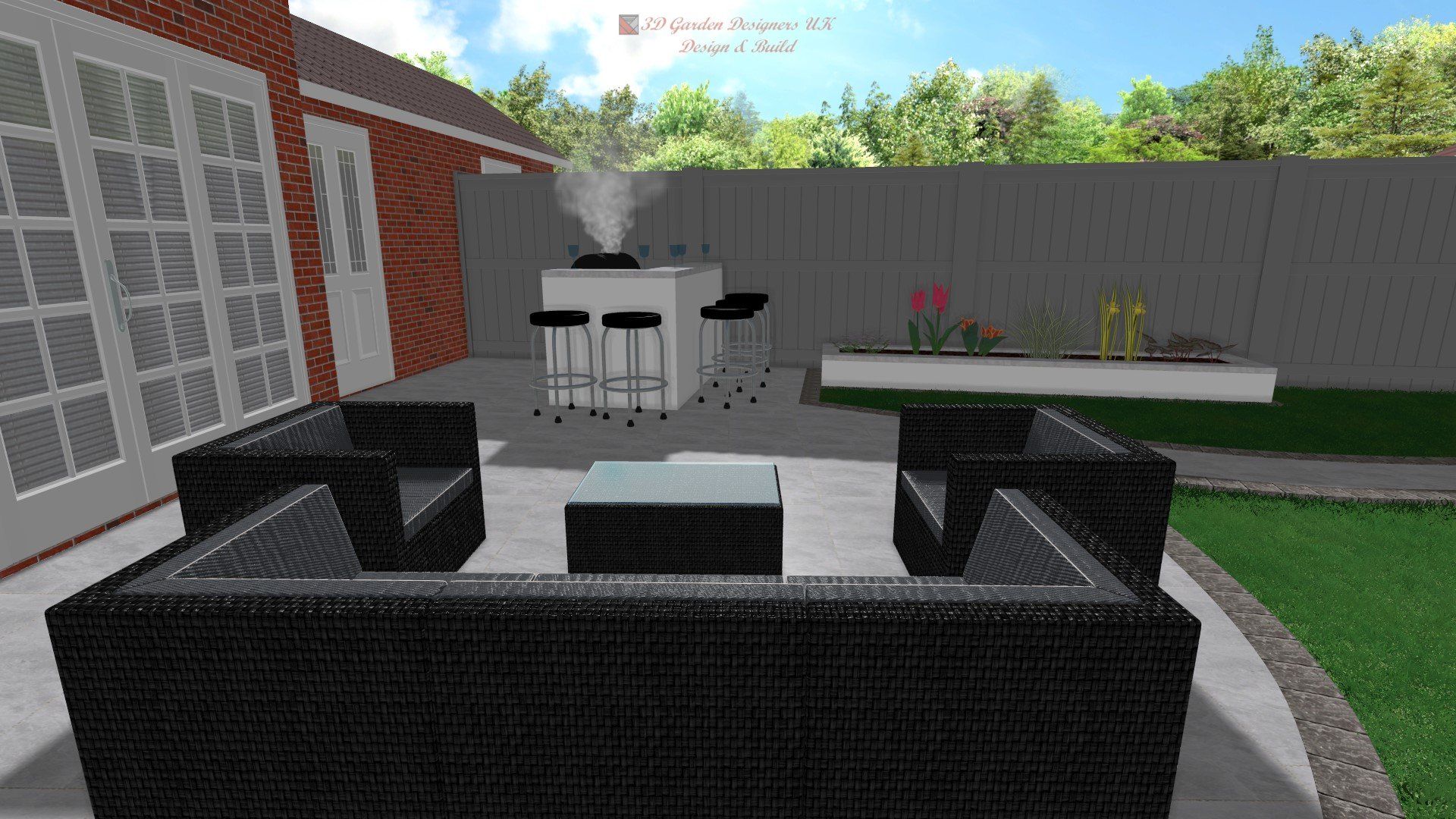 A computer generated image of a patio with a couch , chairs , table and stools.