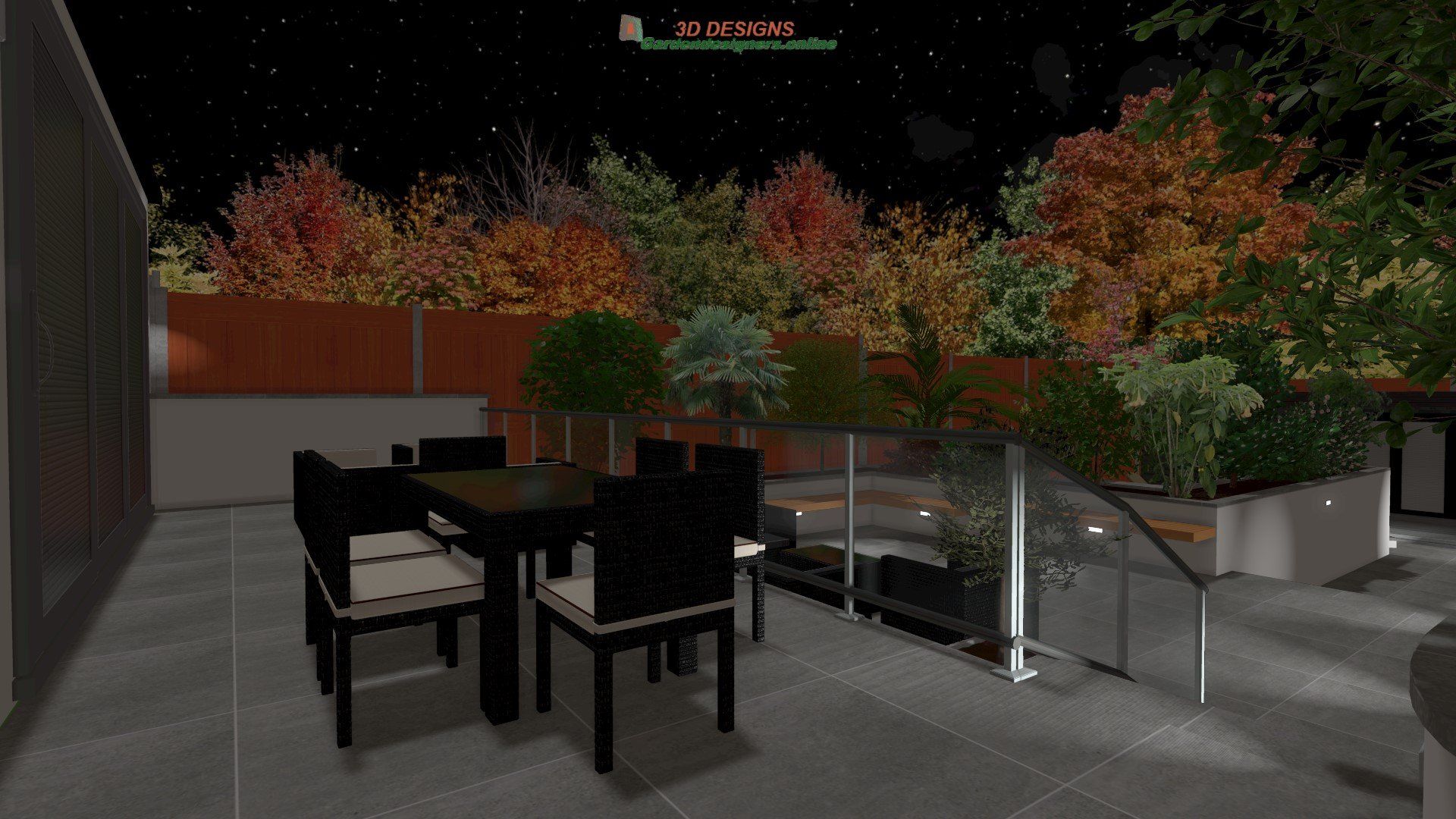 A computer generated image of a patio with a table and chairs at night