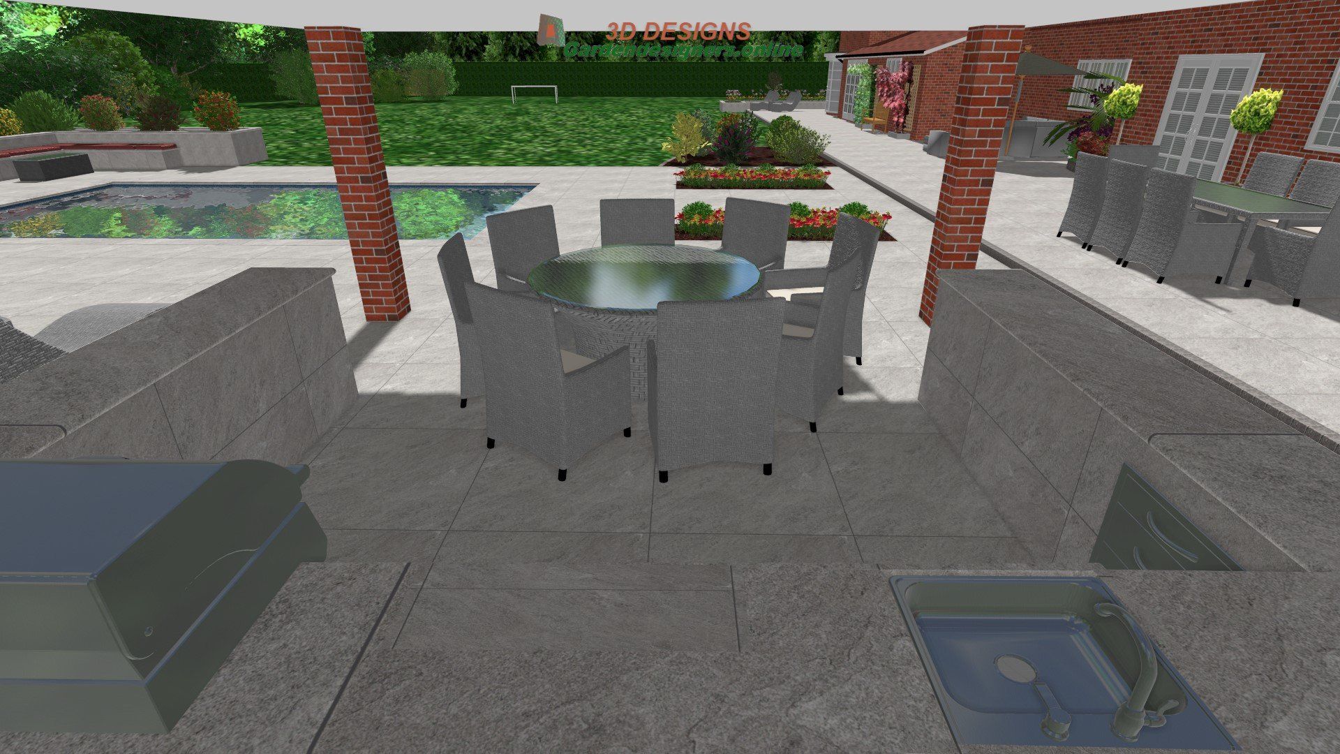 A computer generated image of a patio with a table and chairs