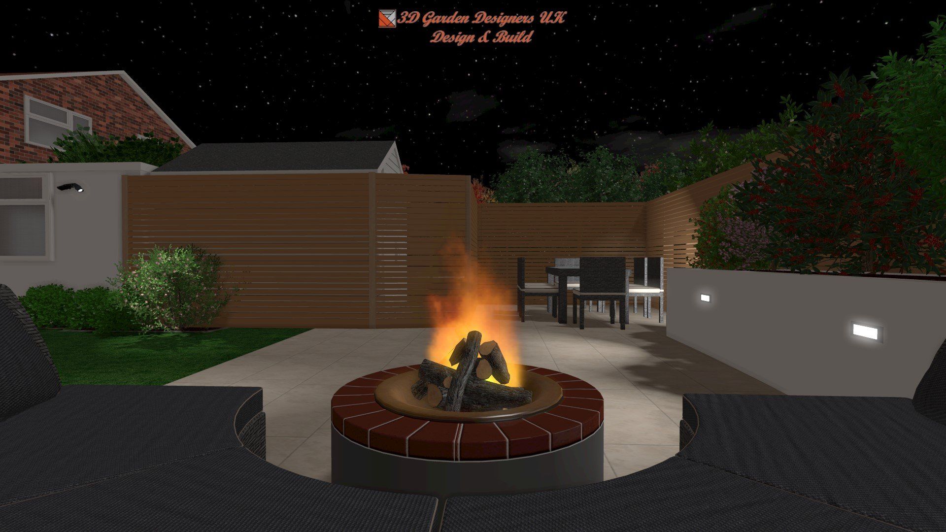 A fire pit is lit up in a backyard at night.