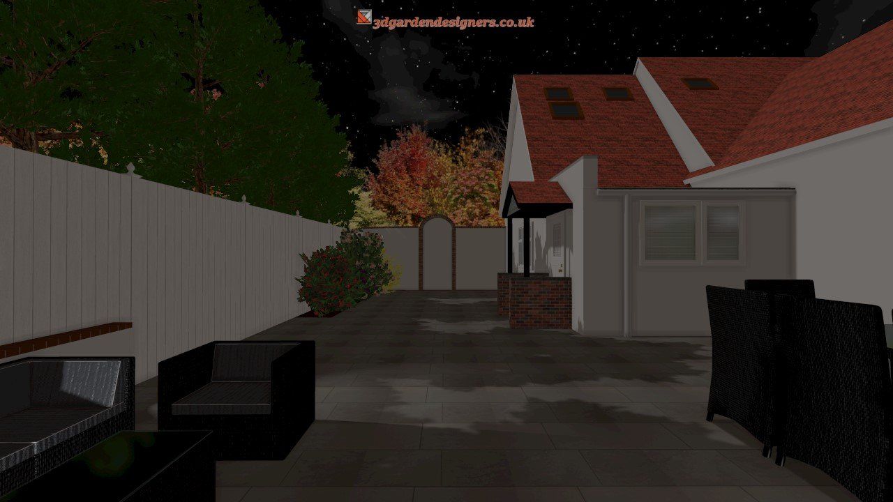 A computer generated image of a backyard at night.