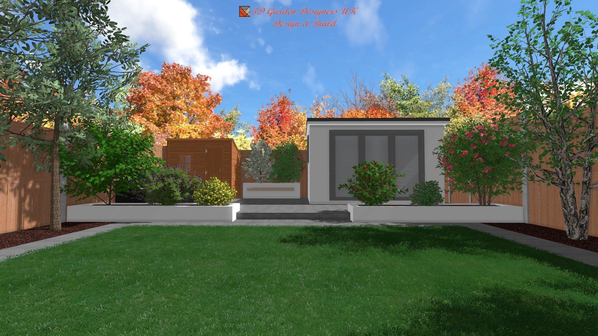 A computer generated image of a backyard with a house and a fence.