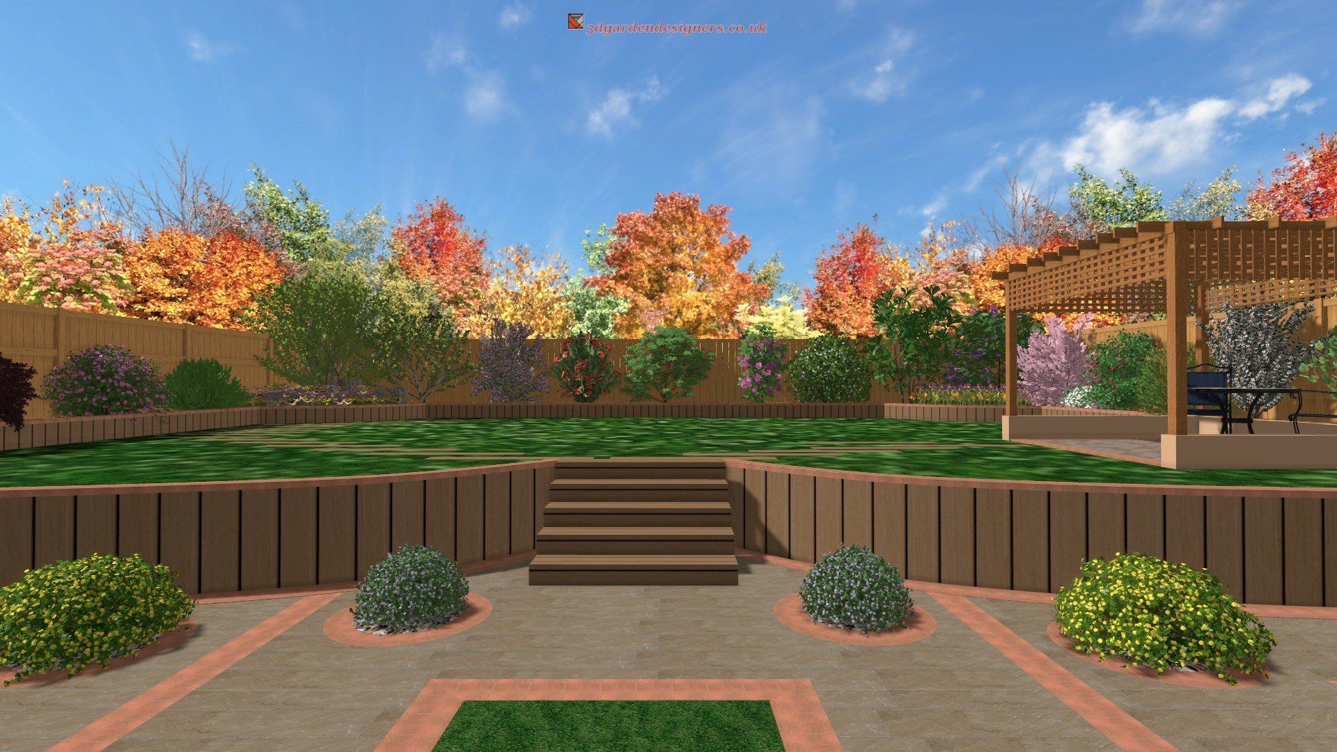 A computer generated image of a backyard with stairs and a pergola.