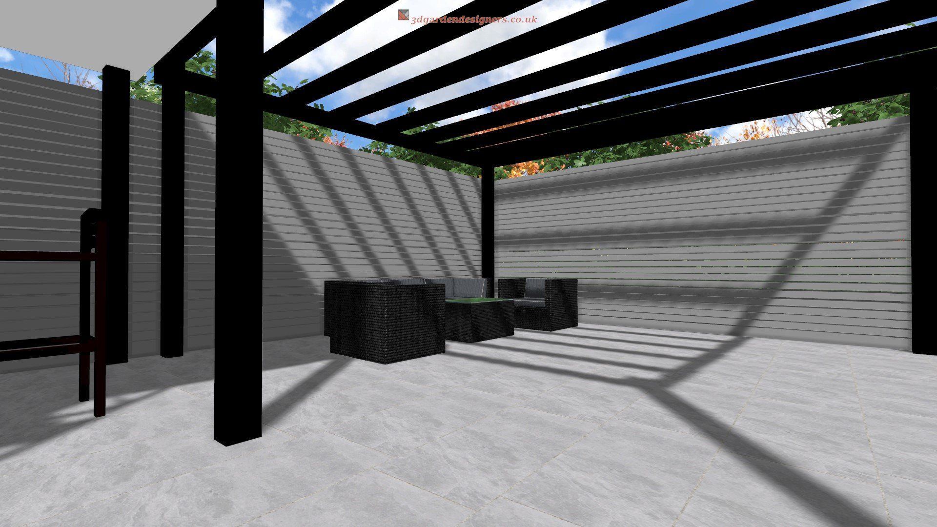 A computer generated image of a patio with a pergola and chairs