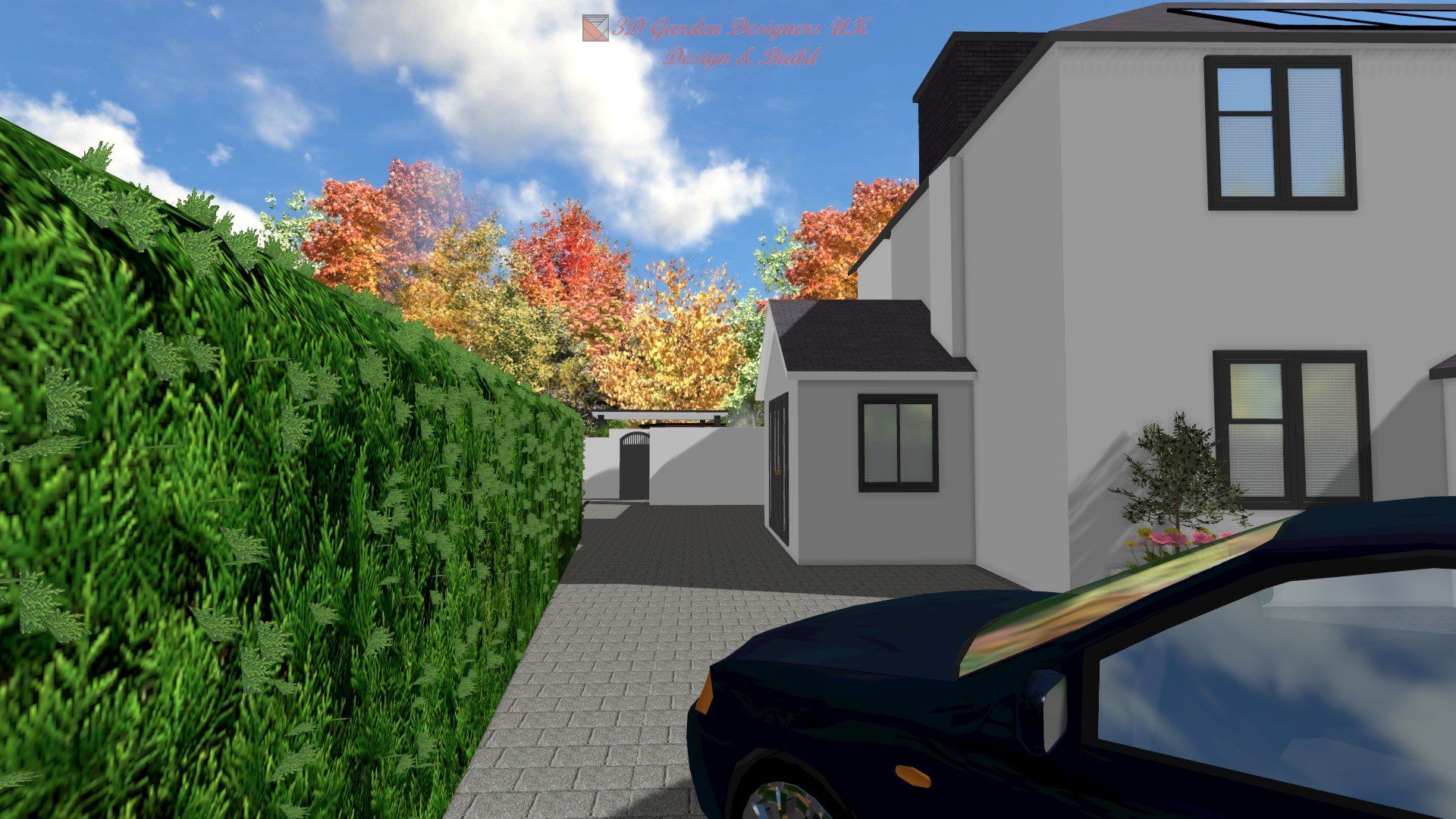 A car is parked in front of a white house.