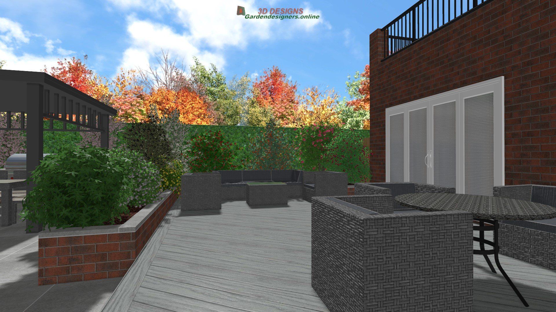 A computer generated image of a patio with a brick building in the background.