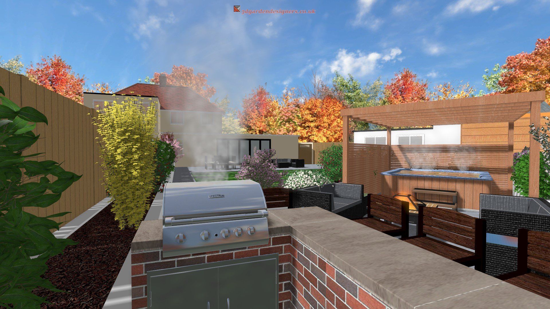 A computer generated image of a backyard with a grill and a pergola.