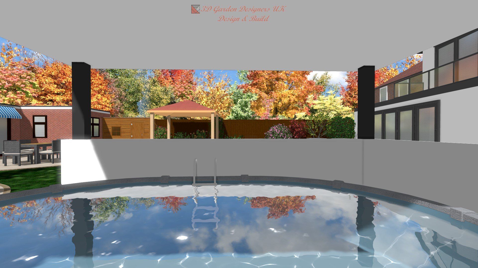 A computer generated image of a swimming pool with a gazebo in the background.