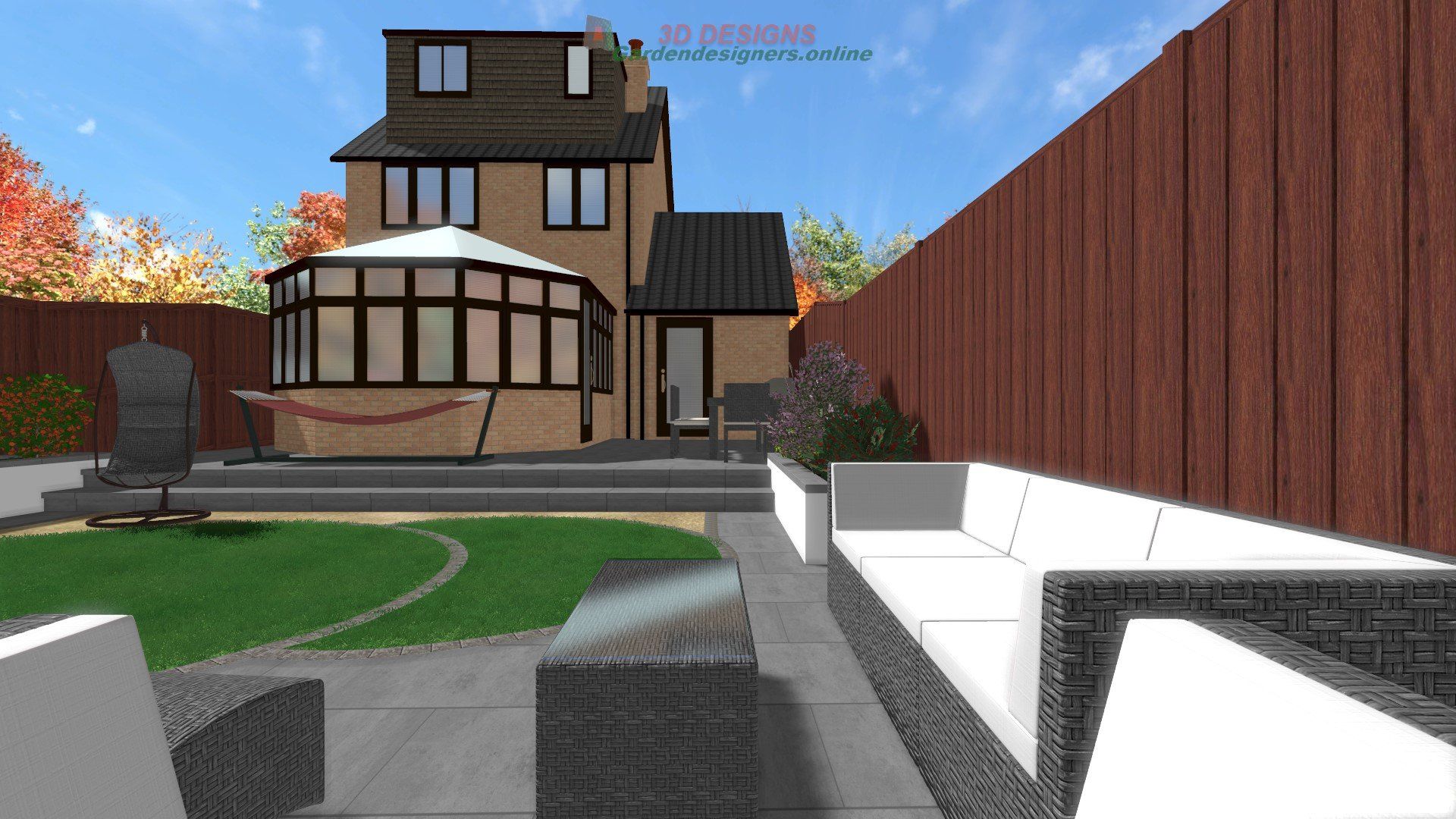 A computer generated image of a backyard with a house in the background