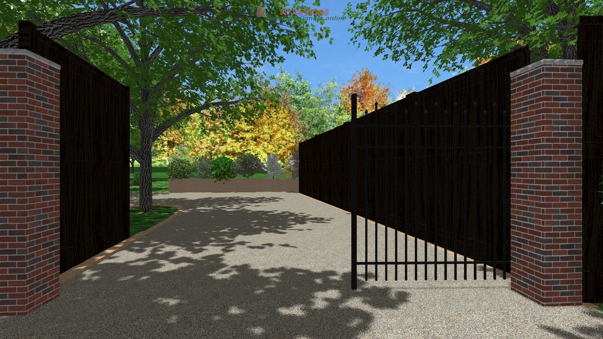 A computer generated image of an open gate with trees in the background