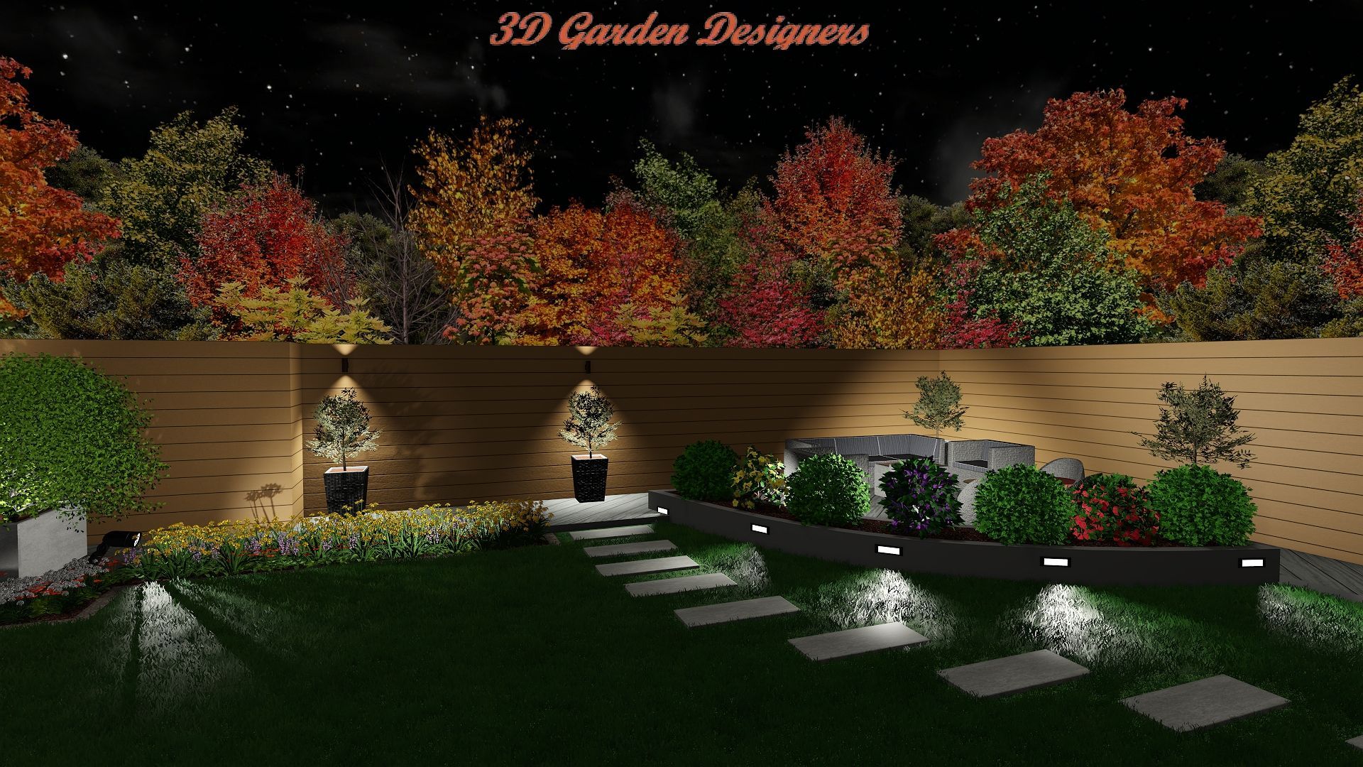 A computer generated image of a garden at night