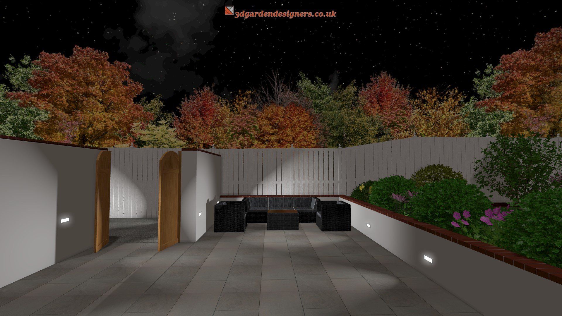 A computer generated image of a patio at night with trees in the background