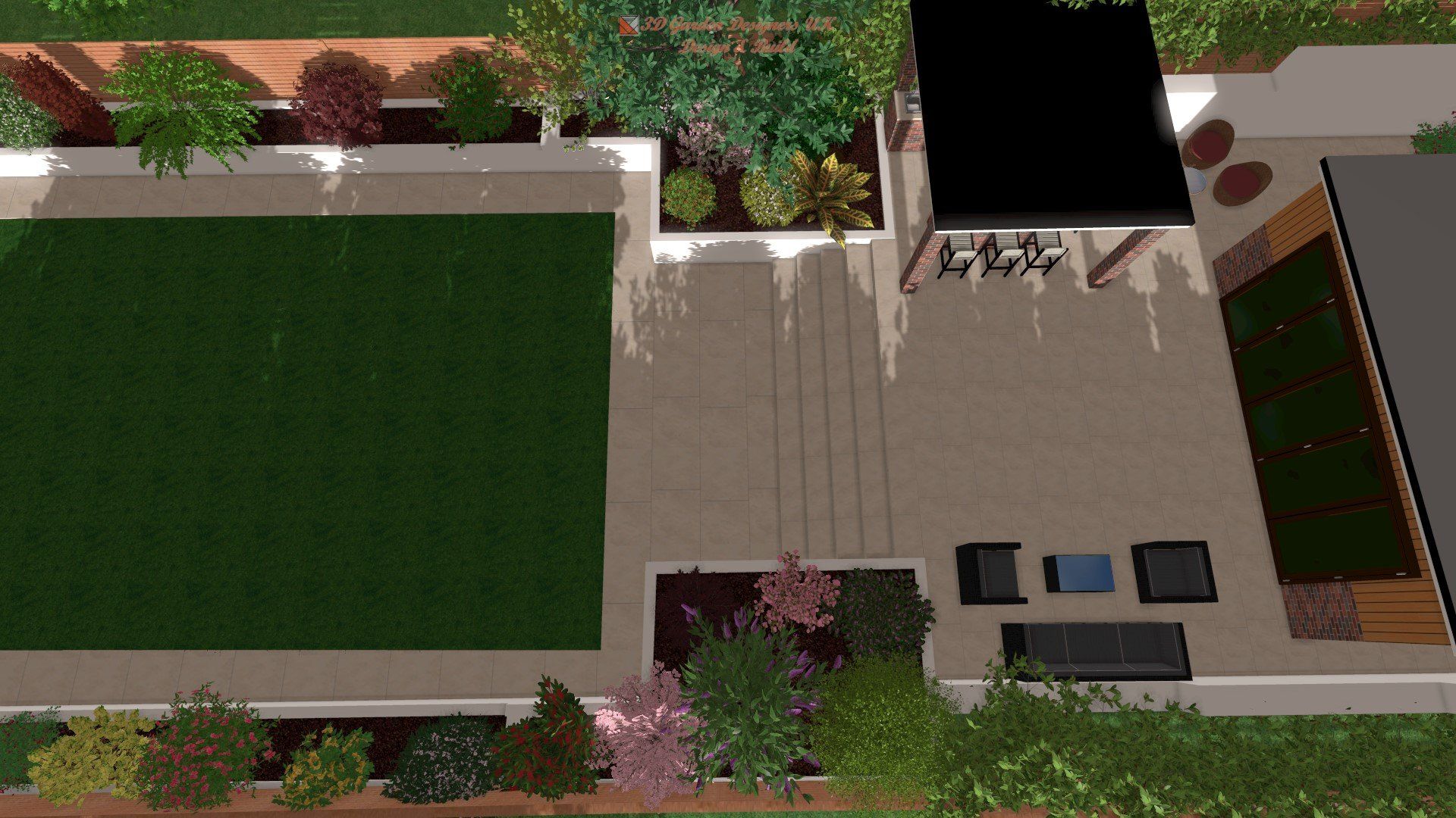 An aerial view of a house with a large lawn