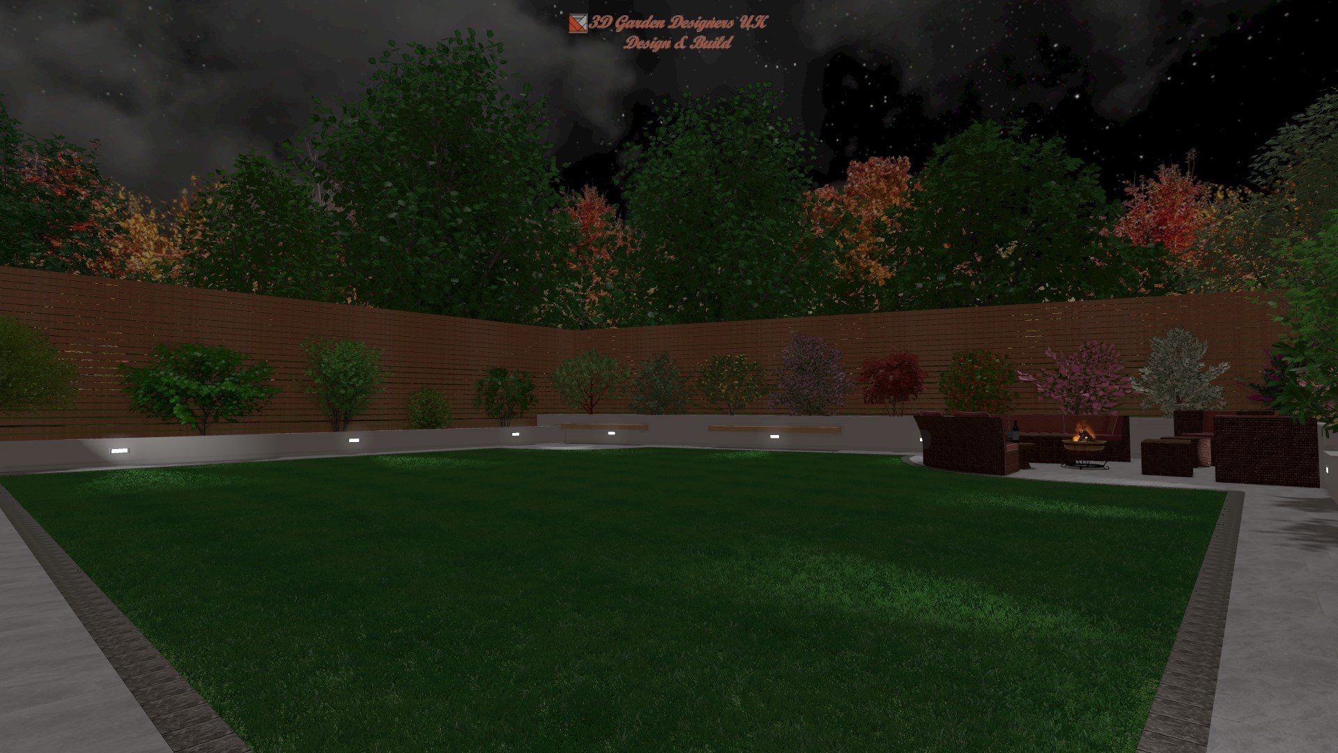 A computer generated image of a backyard at night.