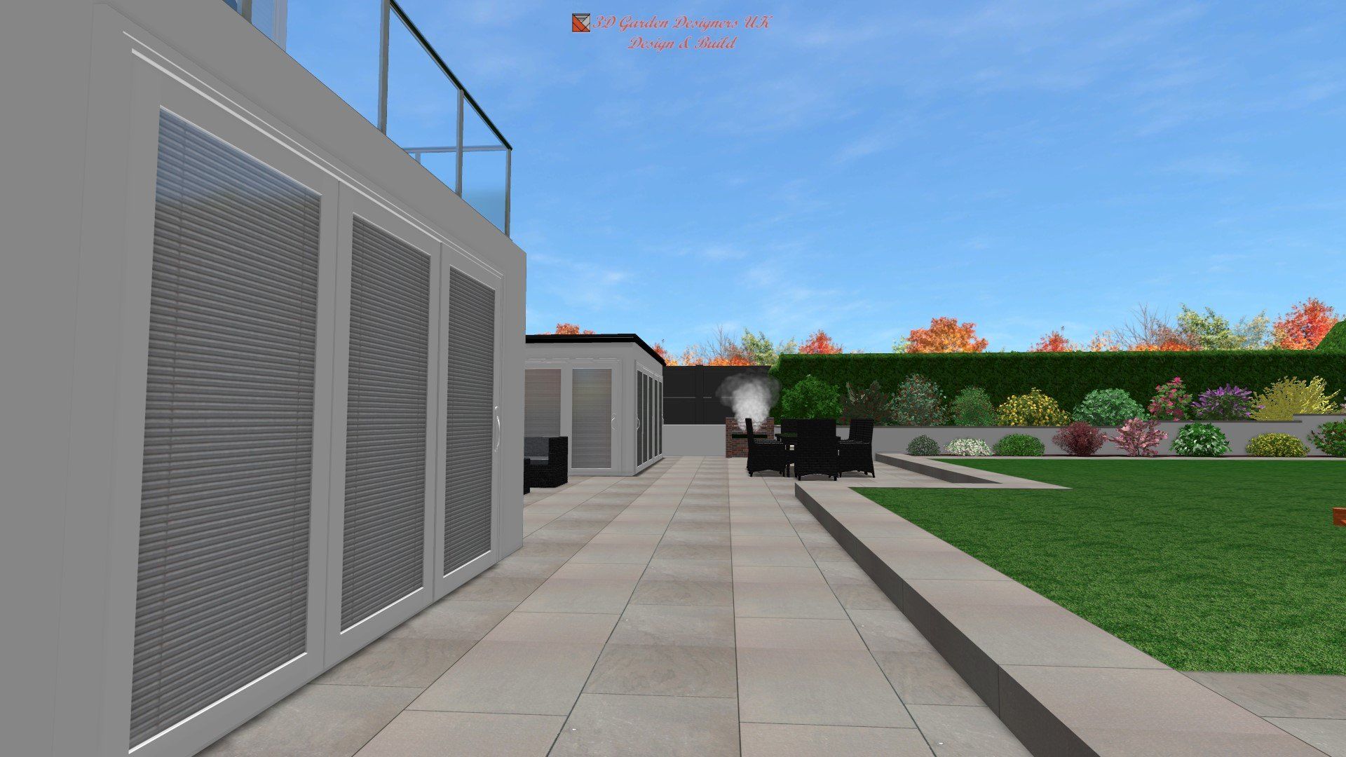 A computer generated image of a house and lawn