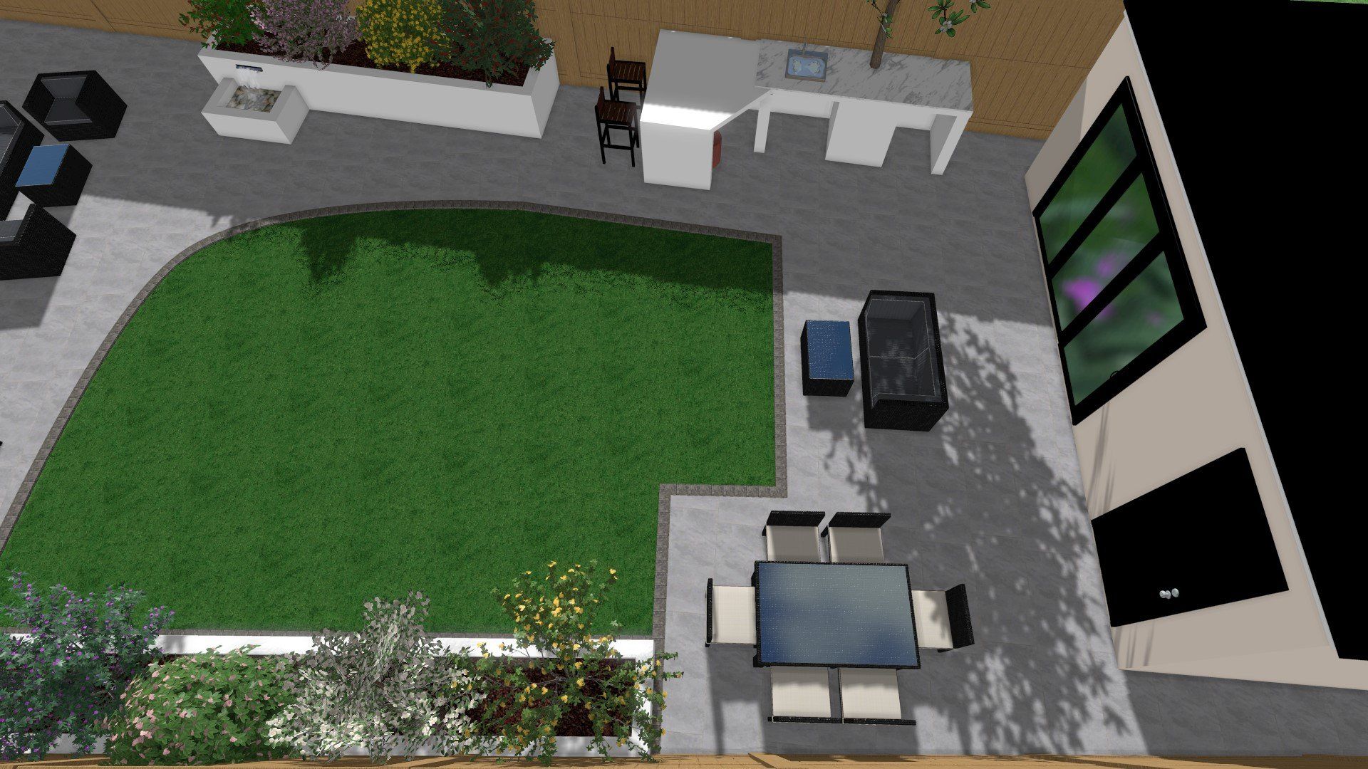 An aerial view of a backyard with a table and chairs