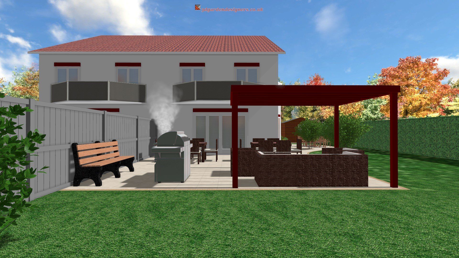 A computer generated image of a house with a pergola and a grill