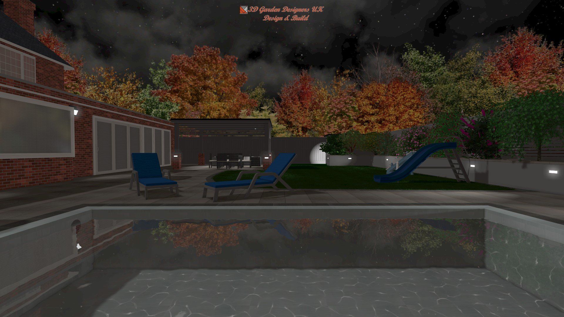 A computer generated image of a backyard with a swimming pool at night