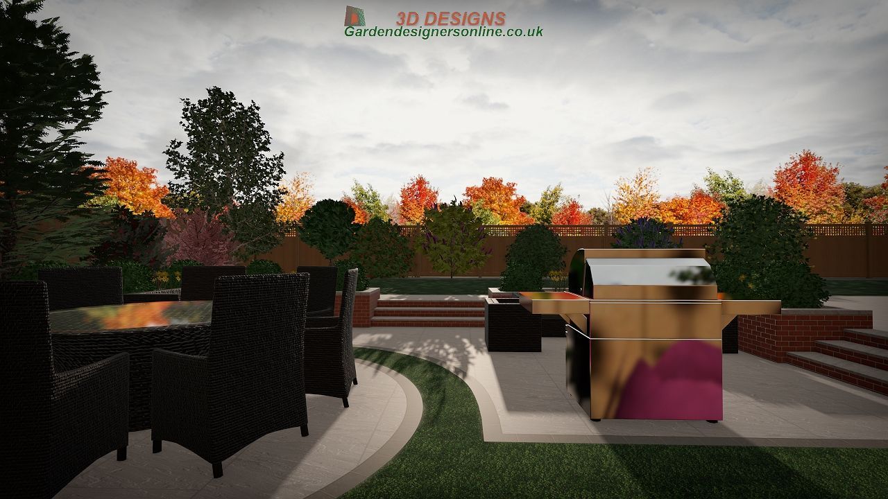 A 3d rendering of a backyard with a table and chairs